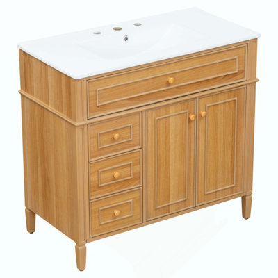 Bathroom Vanity With Sink, Wood Vanity Cabinet With Flip-Out Drawer, 3 Drawers, 2 Soft-Close Doors, Solid Wood & MDF, Elegant Rubber Wood Handles