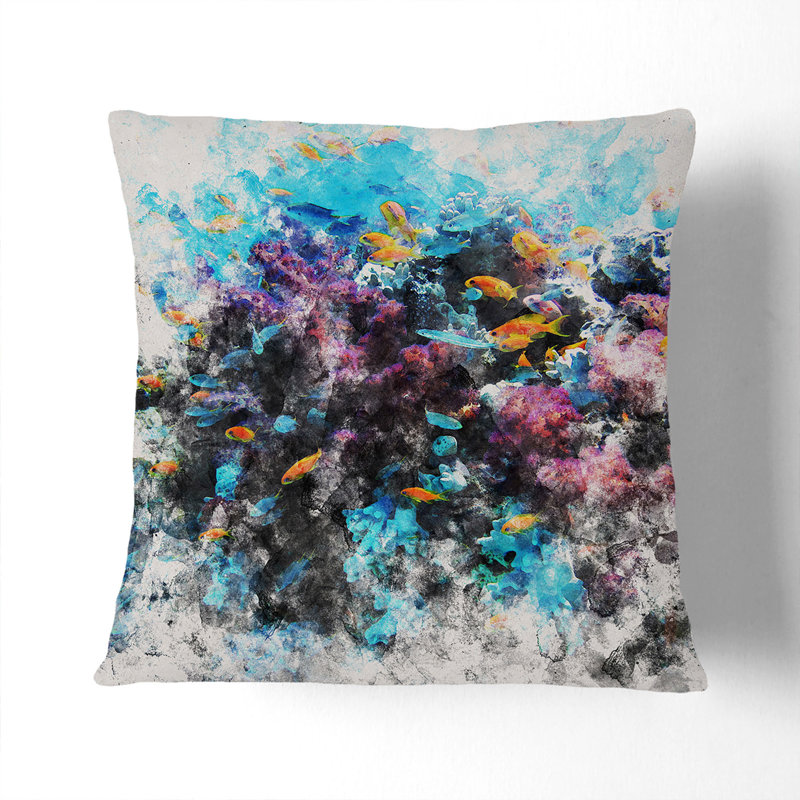 Coral Reef And Fish Vol.1 Watercolour Square Throw Cushion, 40cm H x 40cm W x 15cm D
