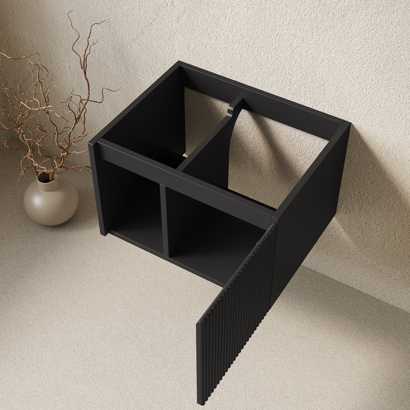 Meuble suspendu EIDEN 61 cm (24 po) avec une porte rayée et une tablette ouverte, sans lavabo ni comptoir, sans robinet ni couvercle d'évier, de couleur noire