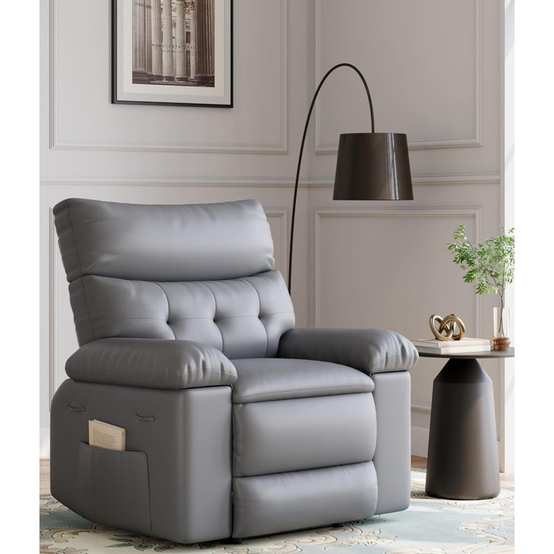 Oversized Recliner Chair, 360° Manual Rocker Swivel Recliner, Side Pockets And Cup Holders, Gray