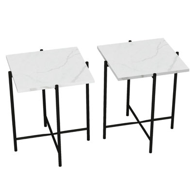 Set of 2 Pcs Marble Effect Tops Round Side End Coffee Table Metal Frame