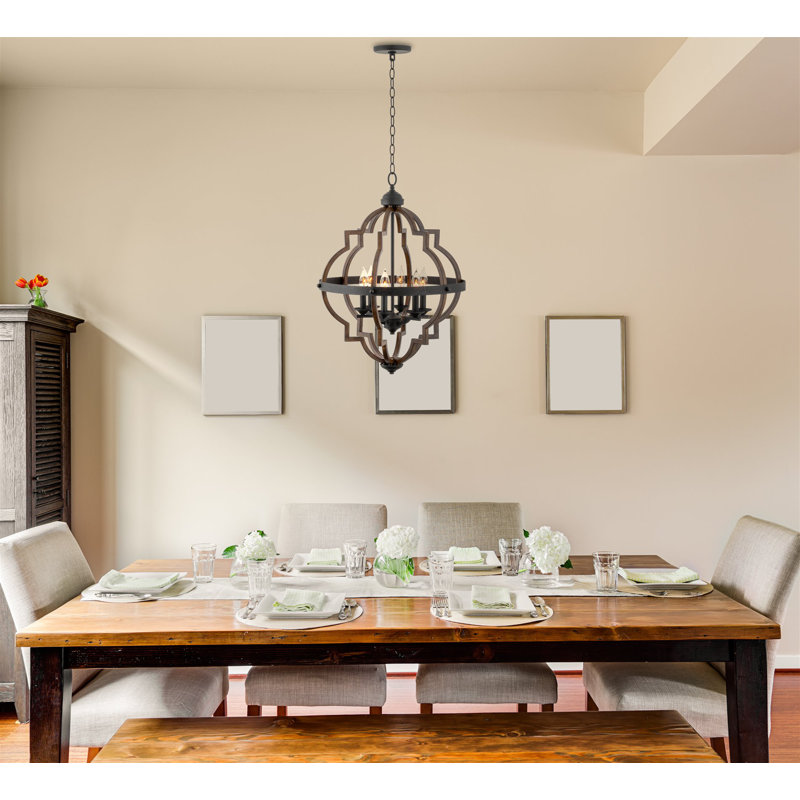 Estefanita 6 - Light Dimmable Geometric Chandelier, Textured Black Accents/Walnut Style Finish