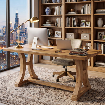 Bureau d'ordinateur en bois massif de 63 po, table d'écriture de bureau à domicile rustique avec base à tréteaux, grand poste de travail pour écrans doubles et ordinateurs portables