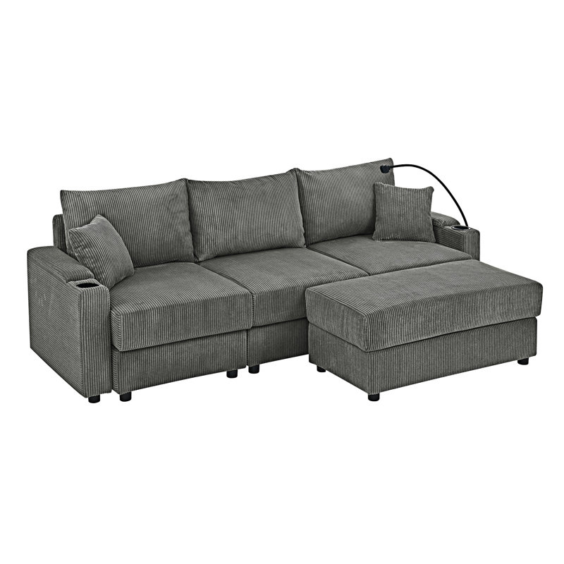 Sofa With Ottoman,Cup Holders And Phone Holder, 34.02" H x 102.02" W x 35.42" D, Grey Corduroy