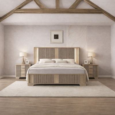 Rosenthal 3-Piece Bedroom Set, King Bed and 2 Nightstand in White Oak Finish with Fluted Panel Design for Contemporary Bedrooms