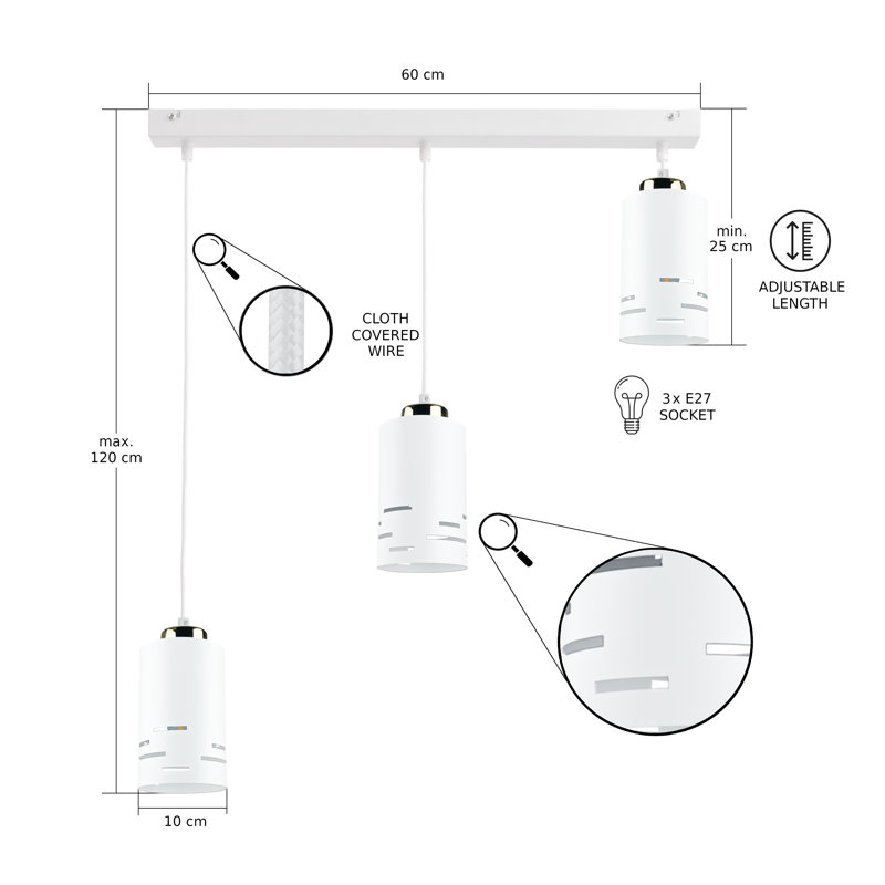 - Light Pendant, White/Gold, 3 Lights
