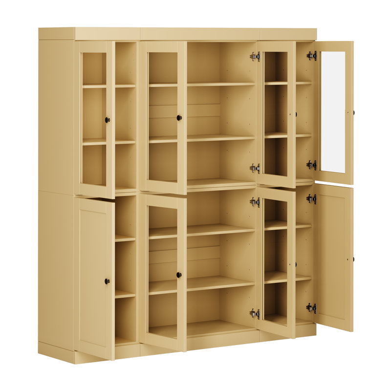 Vaisselier 100% bois massif 65 po avec verre transparent, portes Shaker et tablettes réglables, Jaune