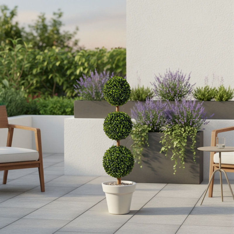 Arbre topiaire artificiel à 3 boules 3 pi avec pot, plante de buis artificiel pour l'extérieur (1 paquet), Article unique