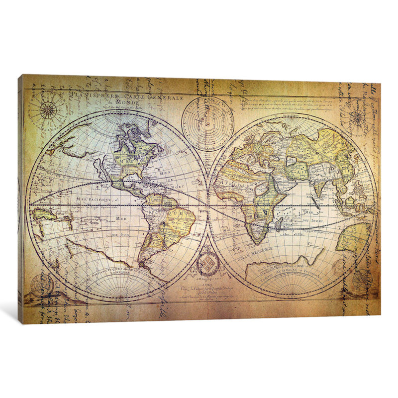 « planisphere carte », impression sur toile tendue, H 12 po x l 18 po x P 1,5 po
