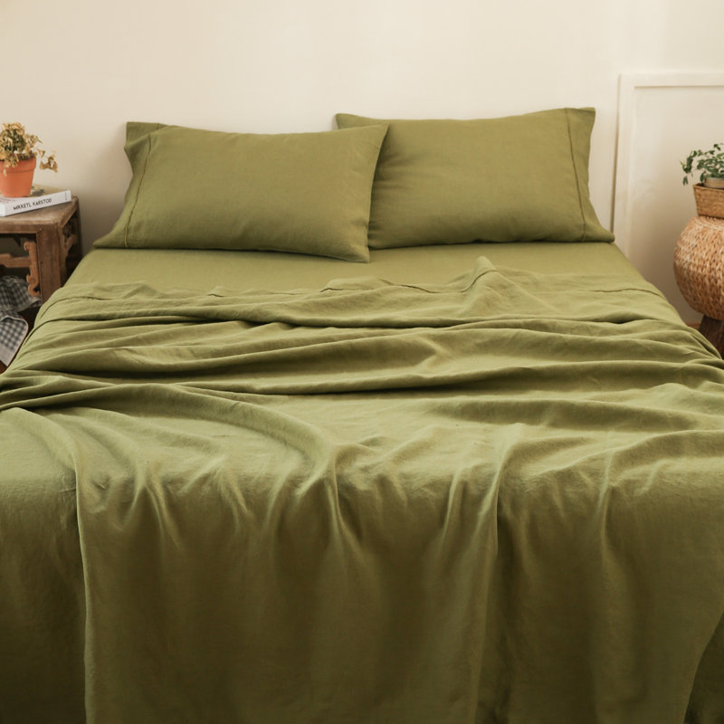 Linen Embroidery Sheet Set, Queen Sheet Set with 2 Pillowcases, Olive Green