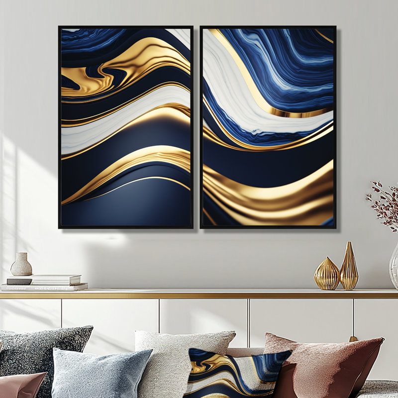 Abstrait géométrique vagues bleues et dorées - impressions sur toile modernes, Black, 36" H x 48" W