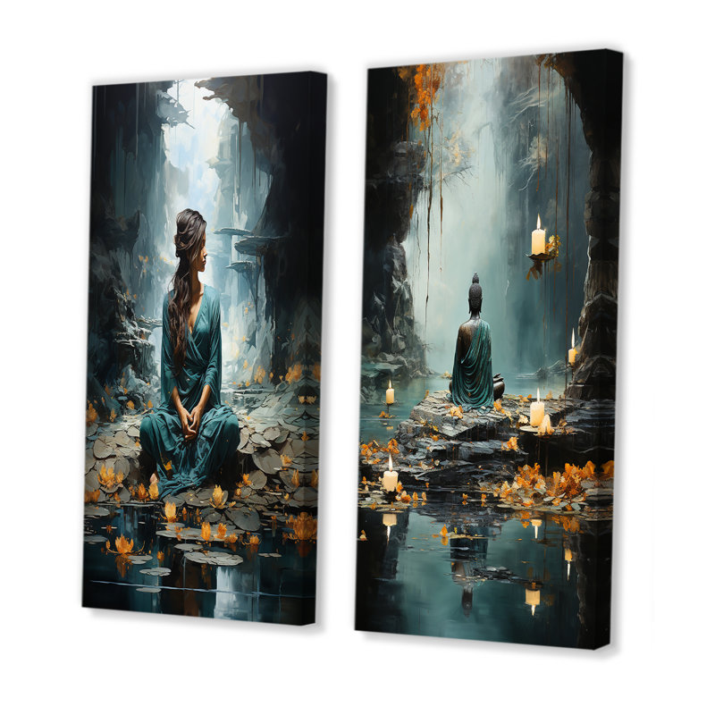 L'hindouisme yogis Tranquil Cave sarcelle - ensemble de 2 impressions sur toile de l'hindouisme, Toile tendue