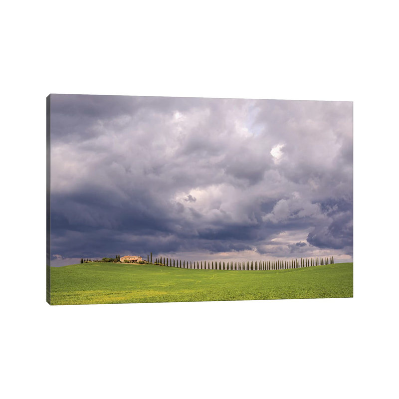 Italy, Tuscany, Val D'orcia. Farmhouse And Storm Clouds At Sunset. by Jaynes Gallery - Wrapped Canvas Print