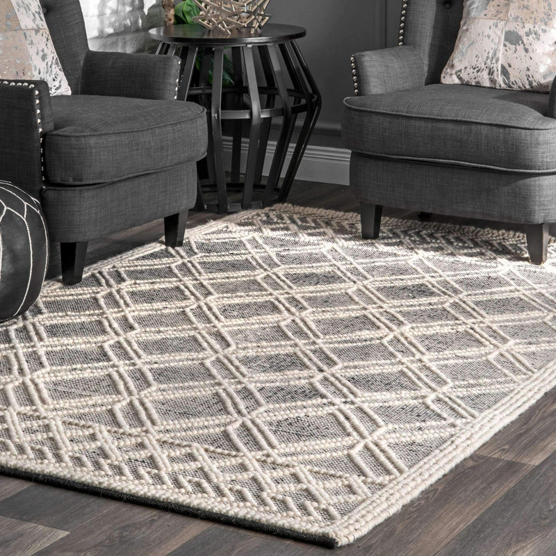 Hathorn Moroccan Trellis Handmade Tufted Black/White Wool Rug, Rectangle 8'6" x 11'6"