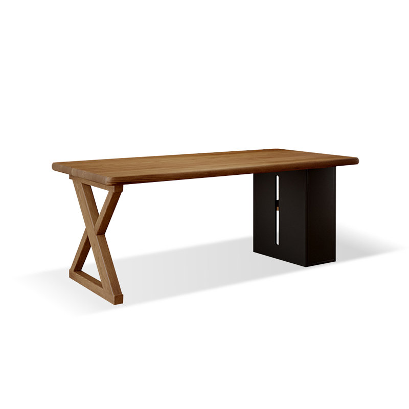 Nut-brown+Black Rectangular Solid Wood+Iron desk, 29.53" H x 62.99" W x 31.5" D