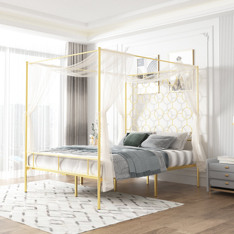 Queen Size Gold Metal Canopy Bed, Platform Bed Frame with Underbed Storage & Steel Slats