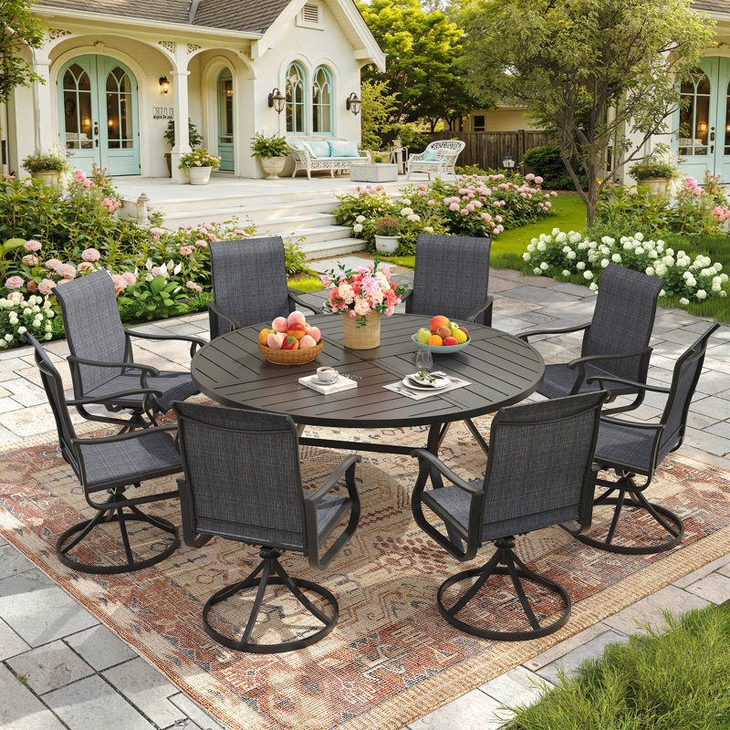 8-Person Outdoor Patio Dining Set With Swivel Armchair, Black