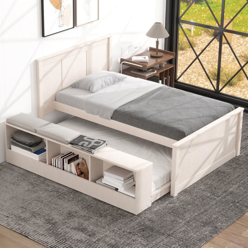 Lit plateforme en bois avec lit gigogne escamotable, Lit simple, Blanc