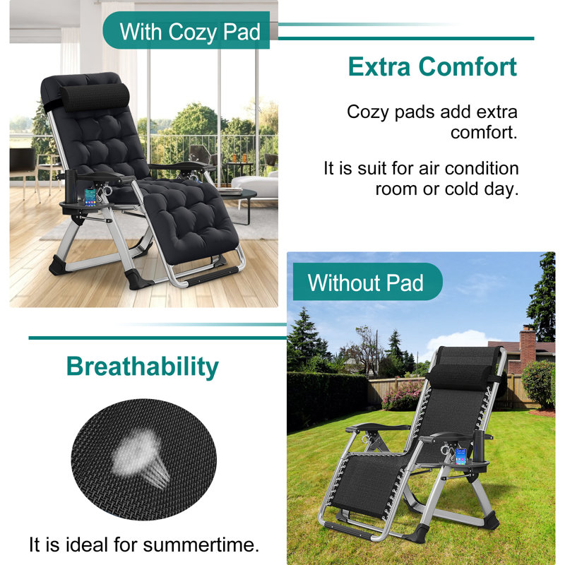 Zero Gravity Chair with Cushion, Cup Holder, Headrest, Lawn Recliner, Reclining Patio Lounger Chair, Black