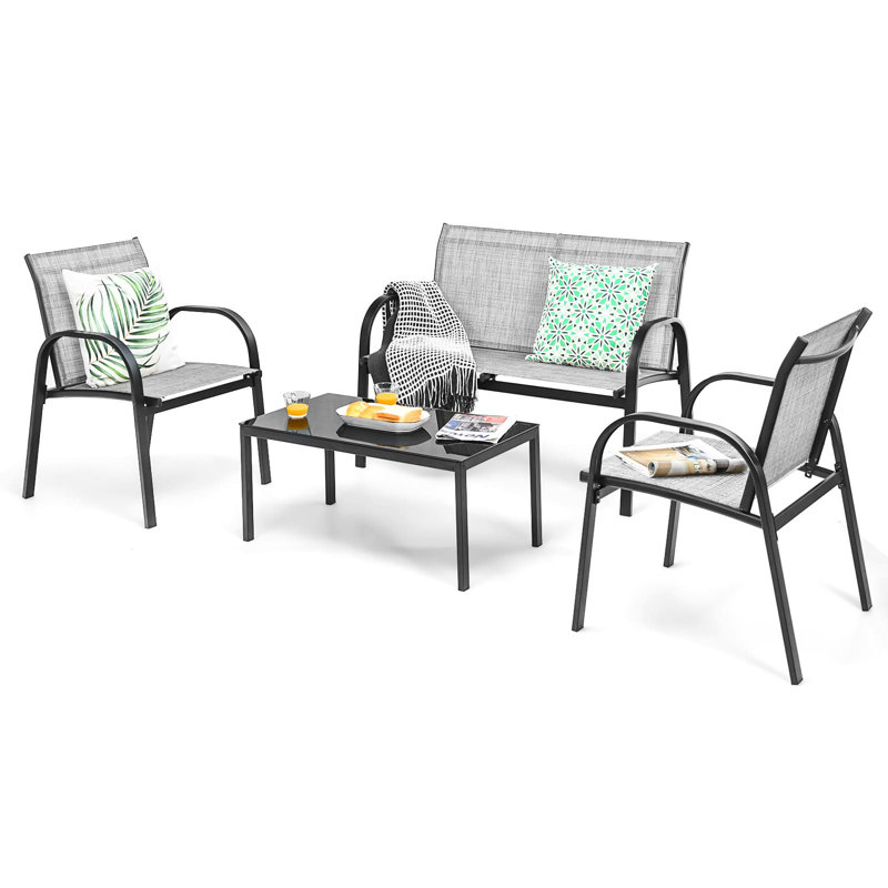 4-Piece Patio Furniture Set With 2 Chairs & Glass Coffee Table-Brown, Black/Grey