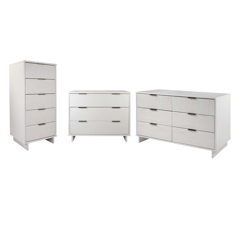 Ensemble de chambre à coucher 3 pièces en bois massif avec commode double, commode standard et commode Granville, Blanc