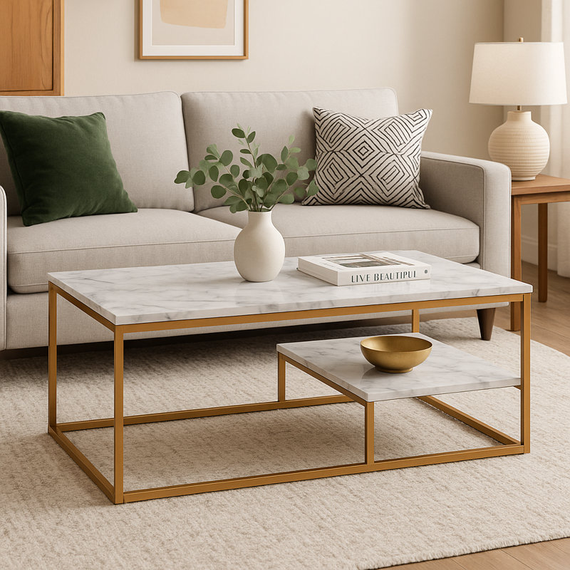Table basse moderne à effet marbre avec tablette inférieure pour le rangement et structure avec une finition en laiton Carbone