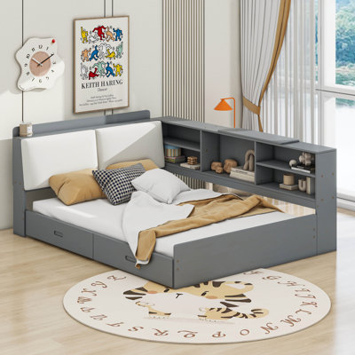 Lit plateforme en bois avec tête de lit, tablettes et 2 tiroirs