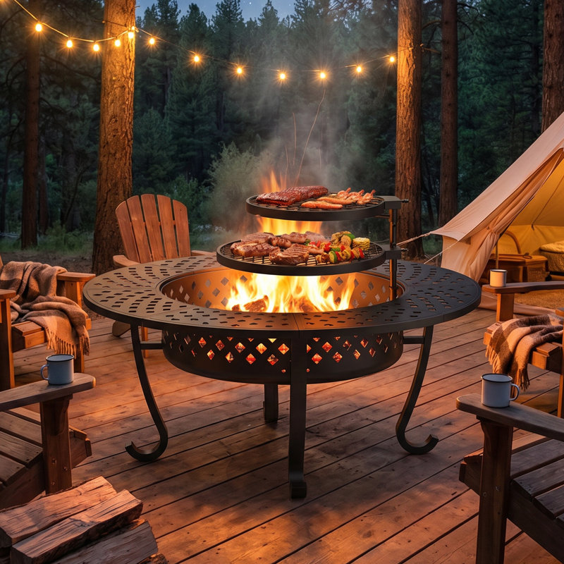 43'' Large Fire Pit with 2 Grills, 3 in 1 Outdoor Fire Pit for BBQ & Party, Wood Burning Firepit with Lid and Fire Poker