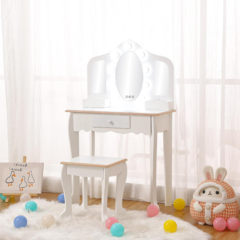 Kids Vanity Set with Stool, 3-Panel Mirror & Pretend Makeup Table for Girls, Toddler Dress-Up Play Set, White