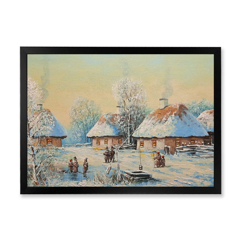 Paysage de vieux village d'hiver - œuvre d'art traditionnelle sur toile, Cadre photo noir, 8" H x 12" W x 1" D