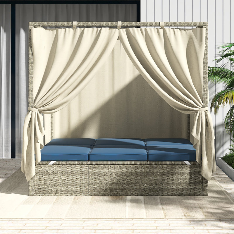 Lit de soleil réglable avec rideau en bleu foncé, coussin en polyester avec support, dossier à 5 positions librement réglable