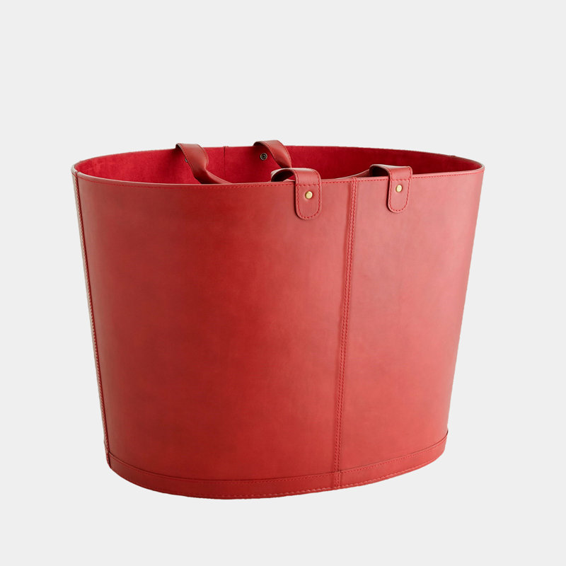 Oversized Oval Leather Basket-Deep Red, Red