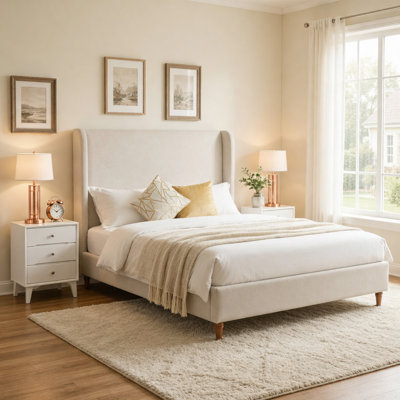  Bed Frame High Headboard Upholstered Platform Bed, Premium Chenille Minimalist Designs, Retro Simple Style Platform Bed No Box Spring Needed, Easy Assembly, Ivory