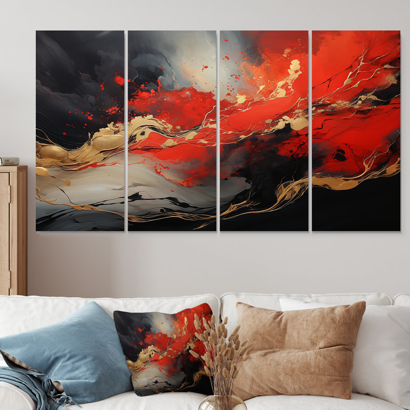 Volcan rouge et doré I - peinture abstraite, art mural 4 pièces, H 28 po x l 48 po