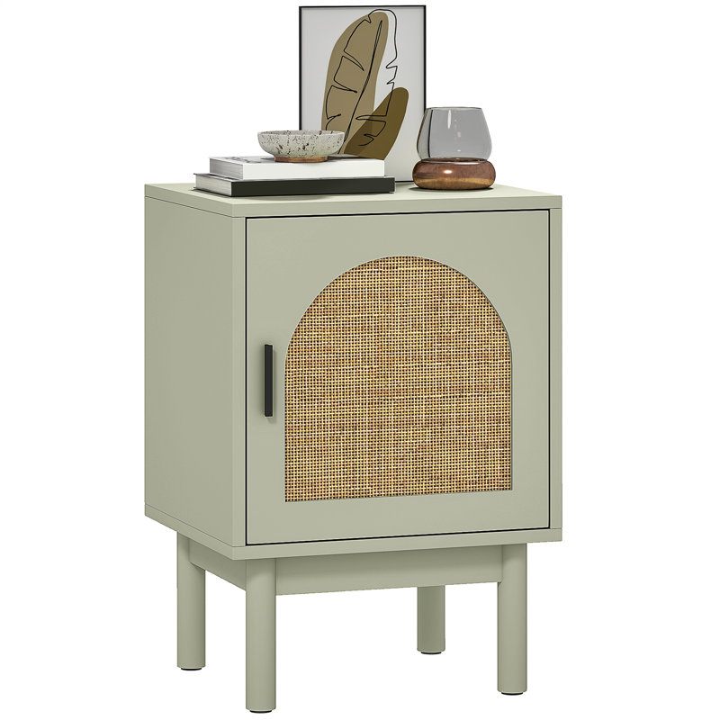 HOMCOM Rattan Bedside Table Adjustable Shelf, Solid Wood Legs, Light Green, Green