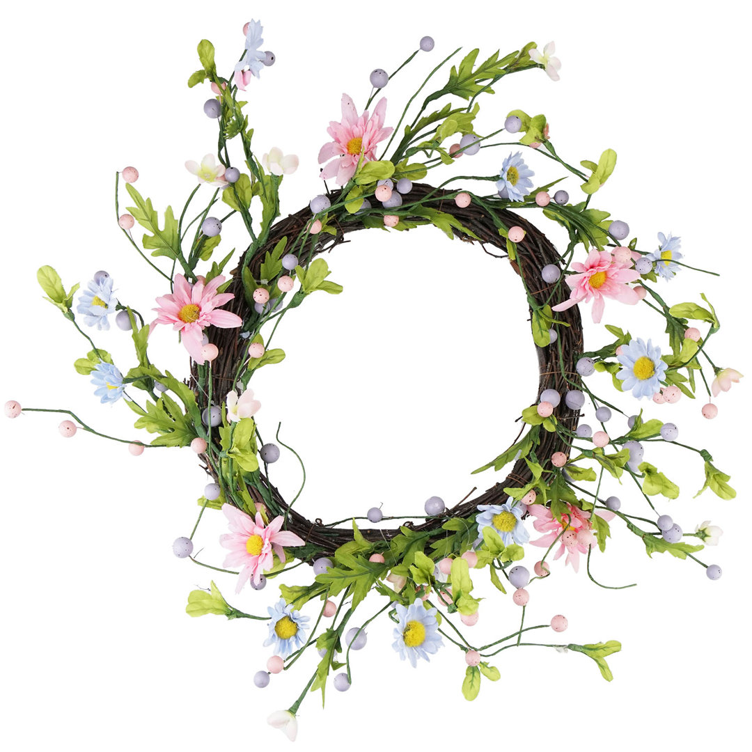 Daisy Twig Artificial Floral Wreath Green and Pink Northlight Seasonal