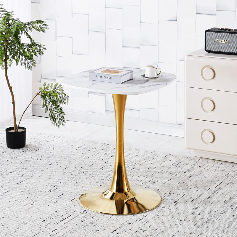 Table de salle à manger carrée en tulipe pour 2 à 4 personnes, idéale pour les petits espaces. Plateau de 61 cm (24 pouces), pied central en métal doré, design bistro moderne, blanc et or, pieds stables, facile d'entretien.