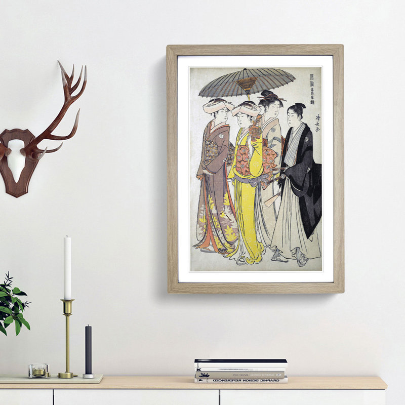 A Lady And Maids by Torii Kiyonaga - Single Picture Frame Painting, Oak Framed, 45cm H x 33cm W x 2cm D
