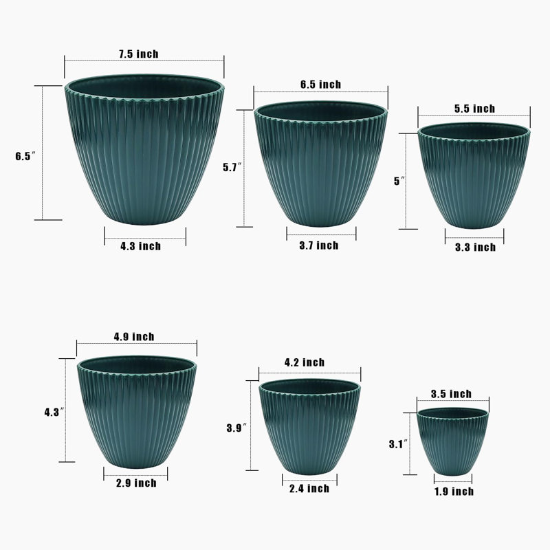 Dark Blue Ribbed Plastic Planter Set with Saucers - 6 Pieces
