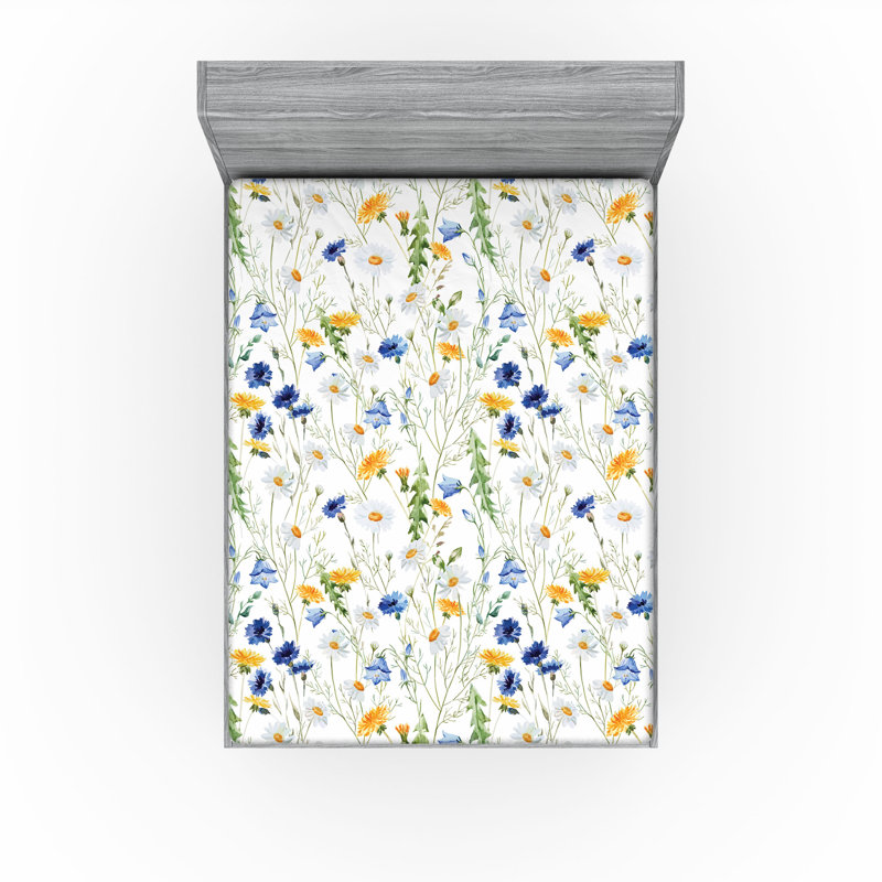 Ensemble de 2 draps-housses Ambesonne, Pale Green Yellow Blue Floral, Drap-housse de taille double