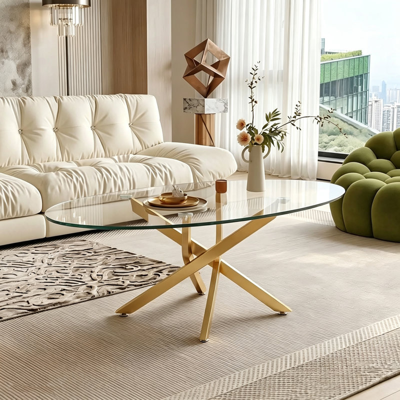 Table basse 39 po avec plateau en verre trempé et pieds en croix dorée 39 po