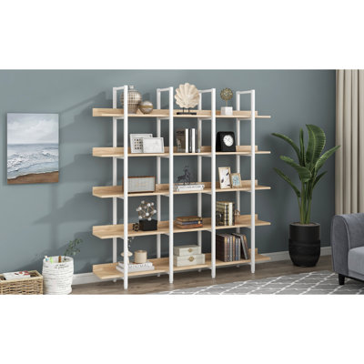 5 Tier Bookcase Home Office Open Bookshelf, Vintage Industrial Style Shelf, MDF Board, White Metal Frame, Oak
