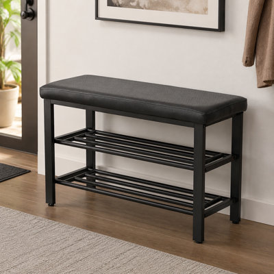 Chaussure de rangement rembourrée moderne en métal noir à 3 niveaux avec tablettes à lattes et coussin