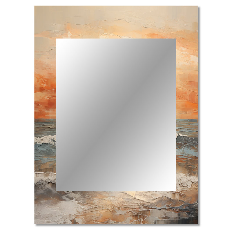 Beige et plage dorée, coucher de soleil paradis II - grand miroir de bord de mer, décor de miroir mural beige unique