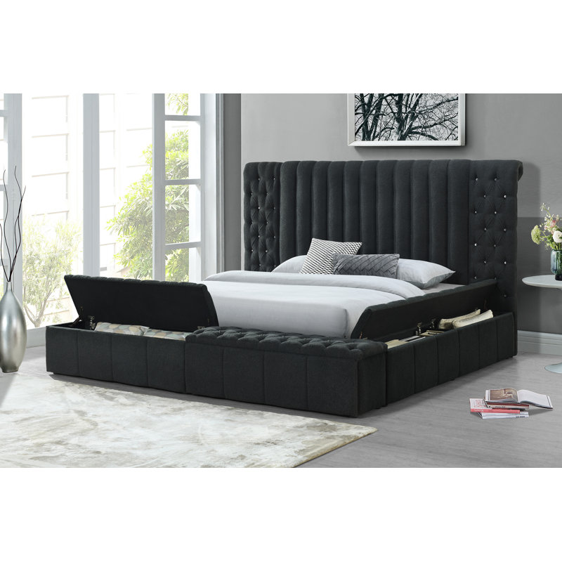 Lit de rangement capitonné Kayland, Gris anthracite, Grand