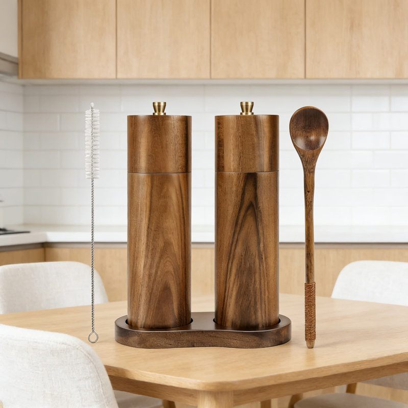 Ensemble de moulins à sel et à poivre en bois d'acacia, moulins manuels de 8 pouces à grosseur réglable, noyau en céramique rechargeable, marquages S / P gravés au laser pour la cuisine
