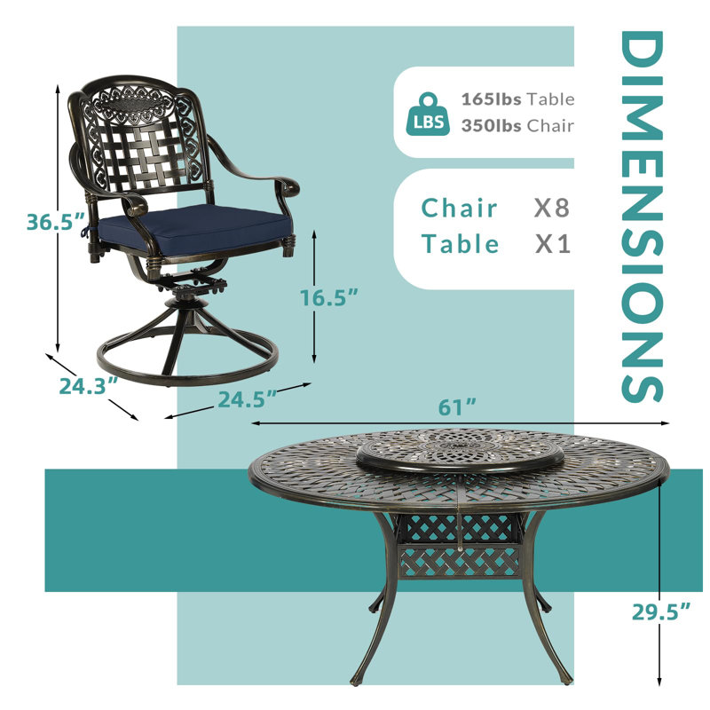 Round 8 - Person 61" L Outdoor Dining Set, Navy Blue