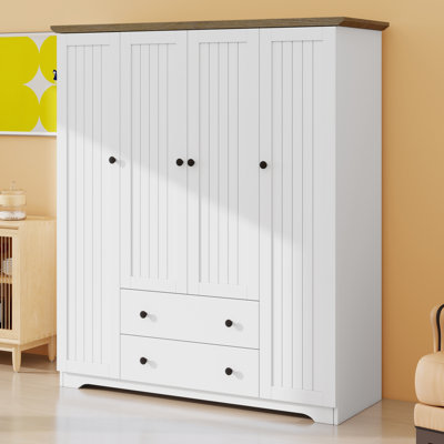 Armoire-penderie en bois avec 4 portes, 2 tiroirs, tringles et tablettes