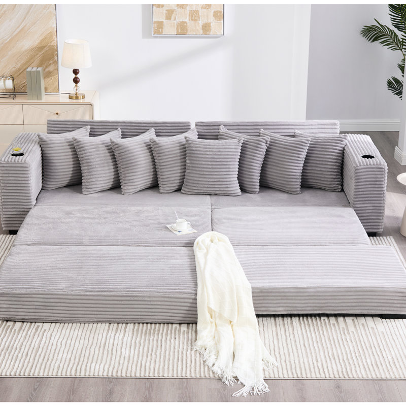 108.93", Modular L Shaped, Corduroy , Movable Footstool, Upgraded Handrails, Pillows, Bed - Converting Feature Upgrade Grey, Cup Holders, Making Function