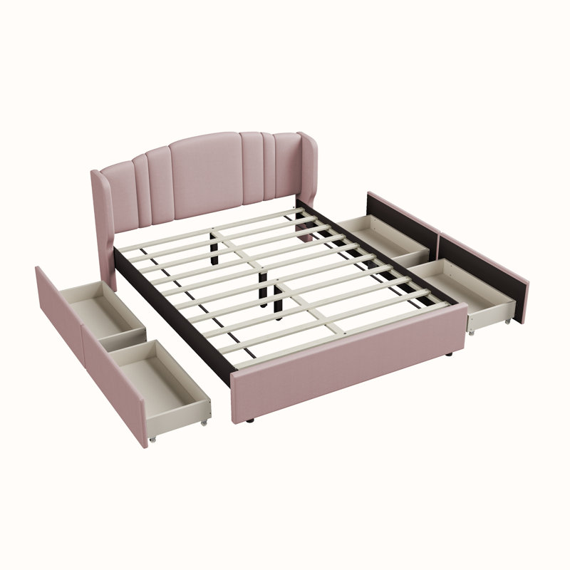 Aretin Upholstered Wingback Bed and 4 Drawers,Storage Bed,Platform Bed,Bed Frame, Pink